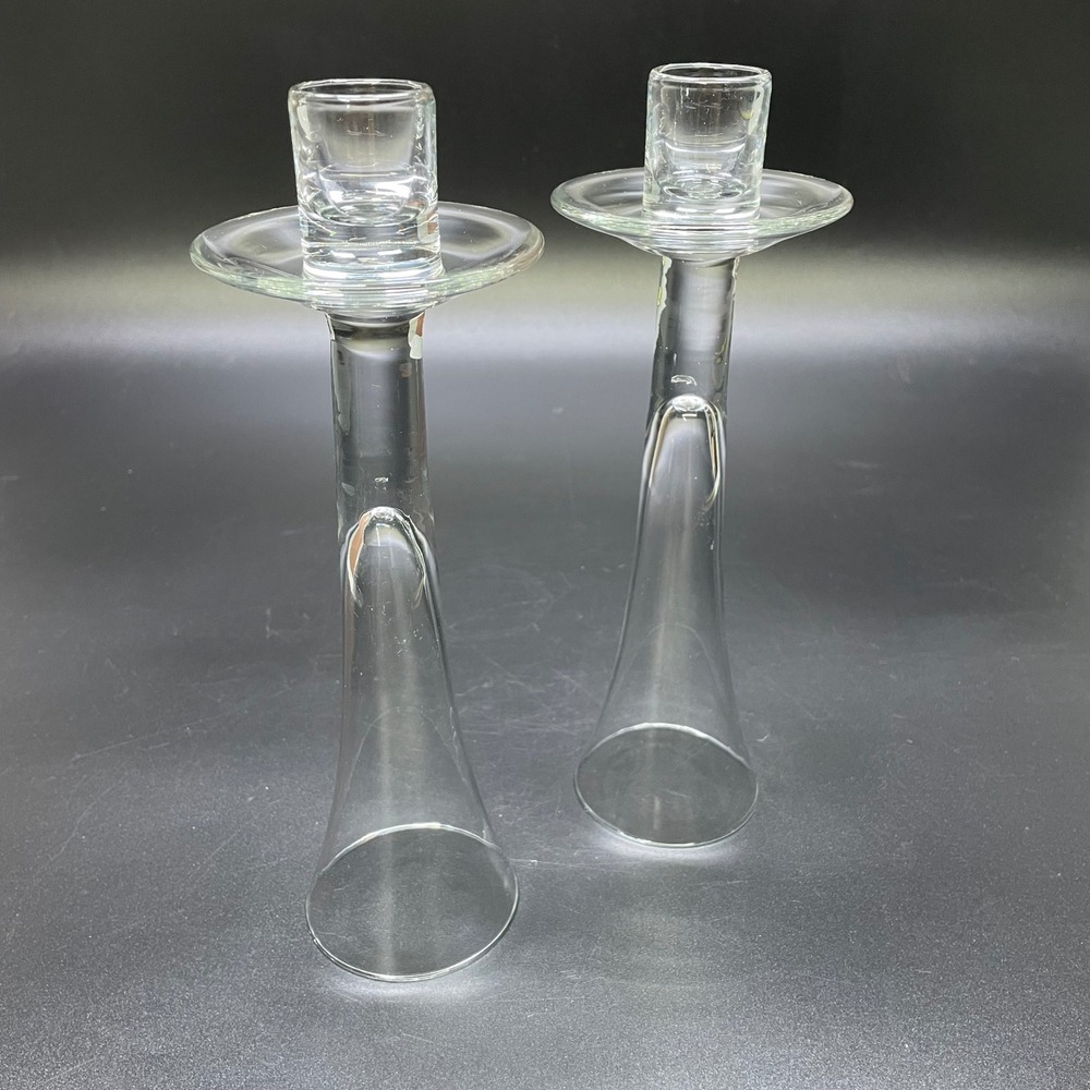 Mid Century Modern Unbranded Clear Glass Candlestick Set of 2 Trumpet Flared